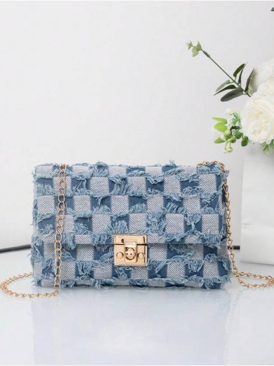 Unbranded Handbags - Frayed Light Blue Woven Denim Crossbody Bag with Gold Chain